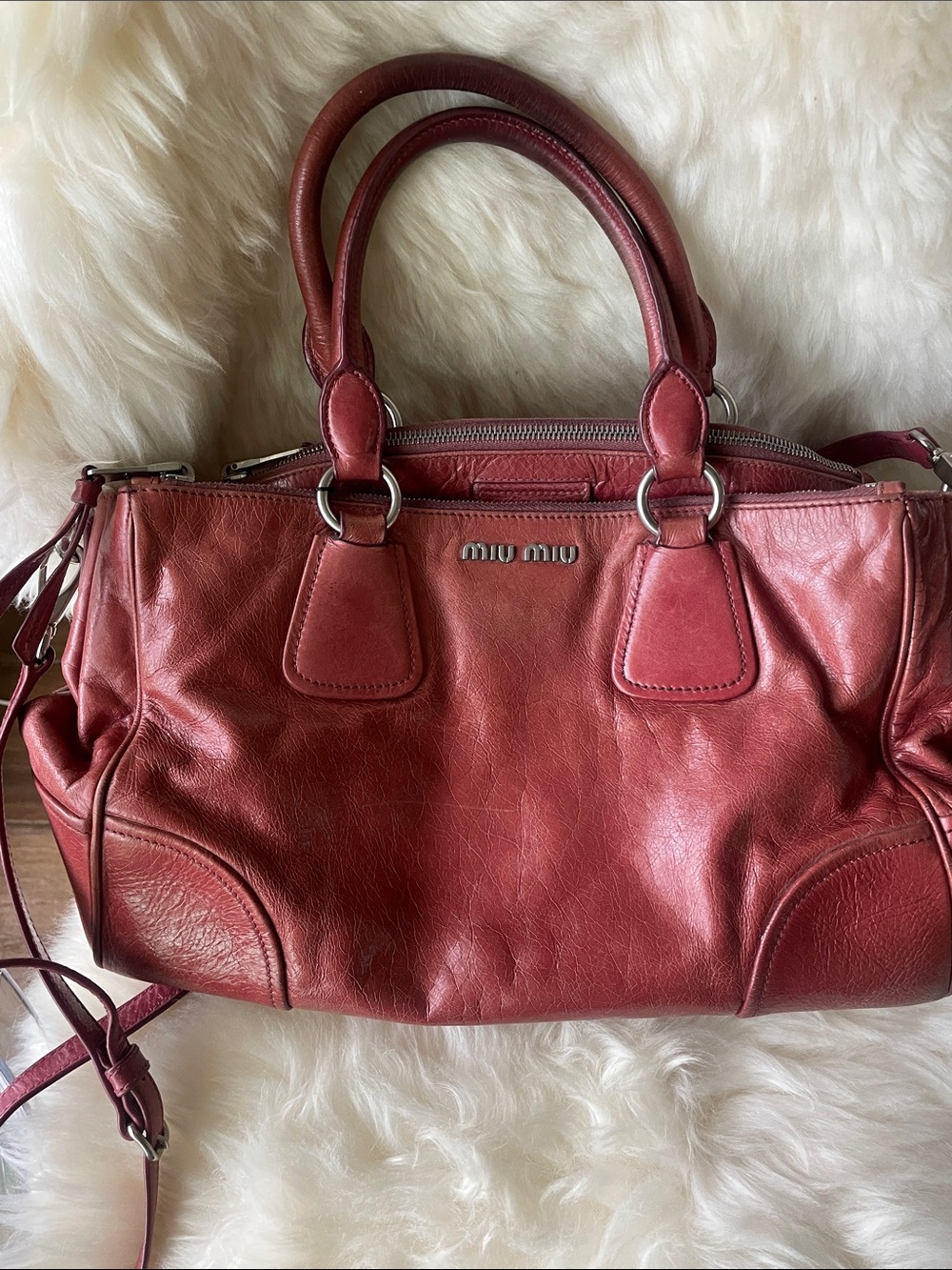 Miu Miu Burgundy Leather Satchel with Dual Handles